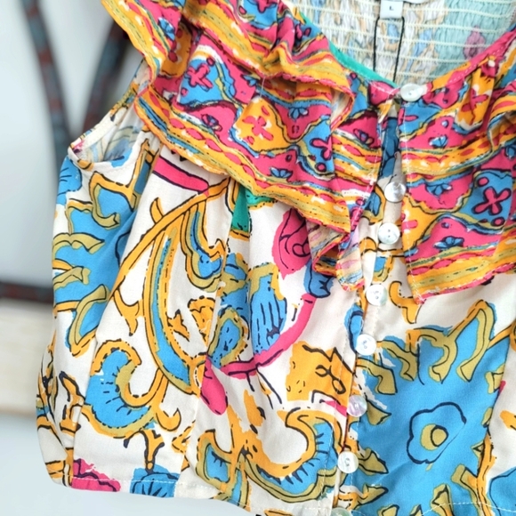 *NWT* Rachel Zoe, Multicolor Ruffled Off Shoulder Button Up Crop Top, Sz L - Picture 2 of 5